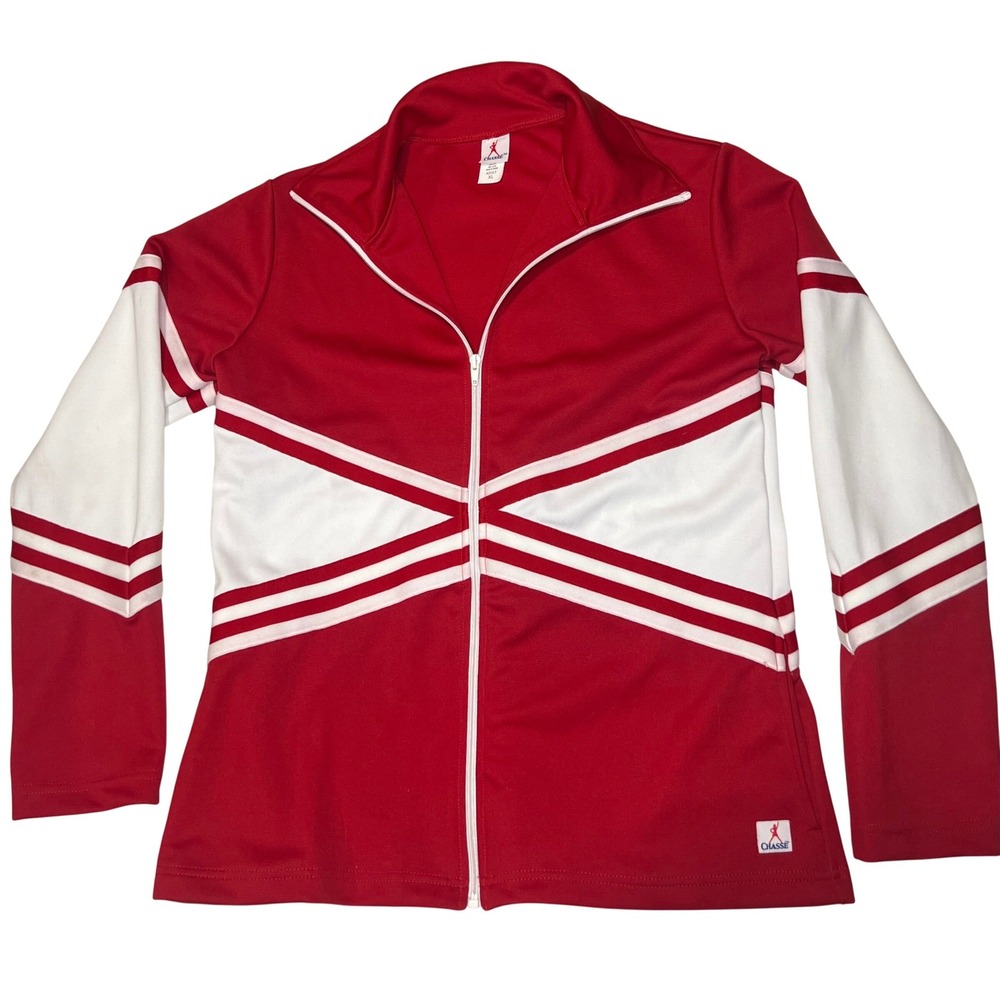 Vintage Chasse Red White Women Cheerleading Zip Up Track Jacket Adult XL Striped - Picture 2 of 9